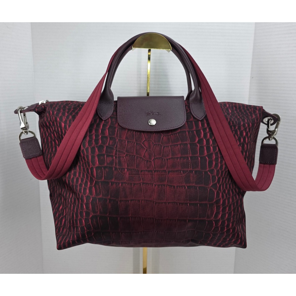 Longchamp Le Pliage Neo Croco Burgundy Black Nylon Tote Bag L1515672 209